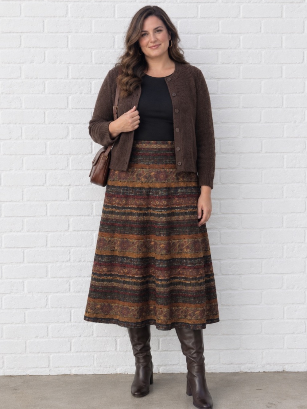 Gilani Vintage Boho Woven Midi Skirt Floral Stripe Earth Tones A-Line Size 18